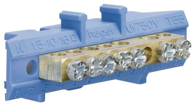 Een blauwe elektrische aansluitklem met acht schroefcontacten en opschriften aan de bovenzijde voor het bevestigen en verbinden van kabels.