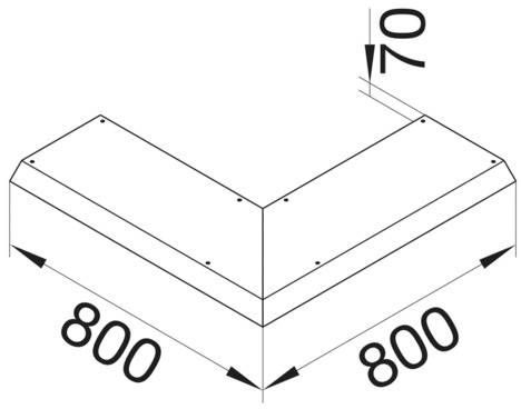 Technische tekening van een L-vormige hoek met afmetingen van 800 mm aan beide zijden en een binnenhoek van 70 graden.