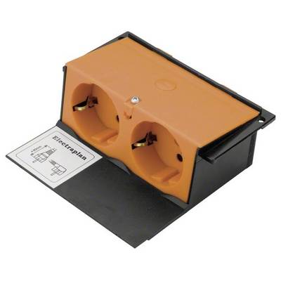 Elektrische dubbele stopcontact in een oranje behuizing, met installatiehandleiding van Electraplan zichtbaar aan de zijkant.