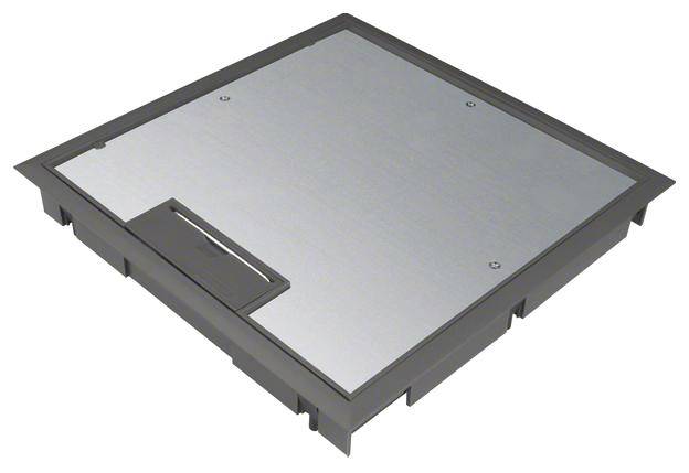 Metalen vierkante afdekking met een deksel, mogelijk voor een bodem- of kabelgoot, ter veilige afdekking van installaties.