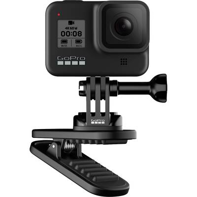 Een zwarte actiecamera met clipbevestiging. De camera toont op zijn scherm '4K 60W'. Perfect voor buitenactiviteiten.