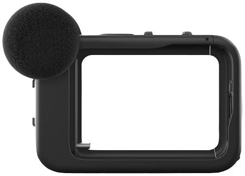 Een zwart camera-frame met geïntegreerde microfoonmount linksboven. Ontworpen voor compacte videocamera's, ideaal voor vloggen.