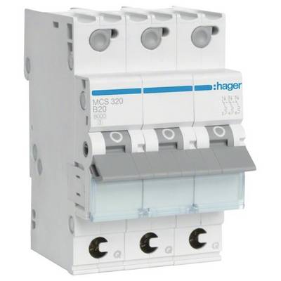Een vierpoolse vermogensschakelaar van het merk Hager, model MCS 320 B20, wordt gebruikt voor de bescherming van elektrische circuits tegen overbelasting.