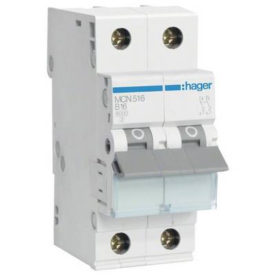 Een tweepolige Hager installatieautomaat, model MCN516 B16, met zichtbare schroefaansluitingen en beveiligingsschakelaars.