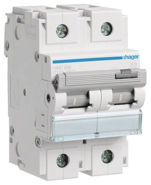 Stroomonderbreker van Hager, model HMC 290, met twee schakelaars en een blauwe markeringslijn. Wordt gebruikt voor de beveiliging van elektrische circuits.