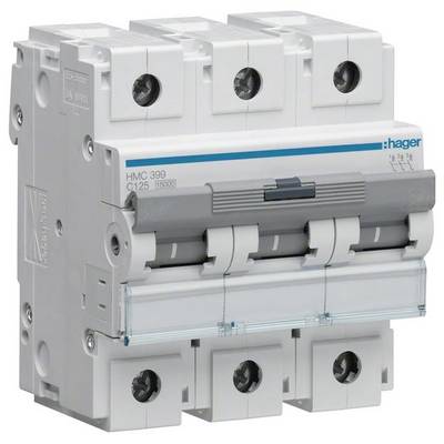 Een driepolige installatieautomaat van Hager, model HMC399. Gebruikt ter voorkoming van overbelasting en kortsluiting in elektrische installaties.