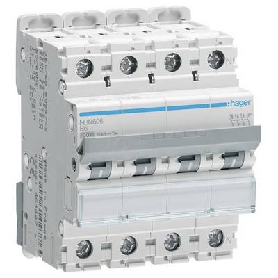 Een elektrische vermogensschakelaar met meerdere schakelaars en het opschrift 'hager'. Zorgt voor veiligheid door onderbreking van de stroomkring.
