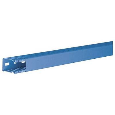 Een blauwe kunststof kabelgoot, open aan één uiteinde met sleuven aan de zijkanten voor het bevestigen van kabels in elektrische installaties.