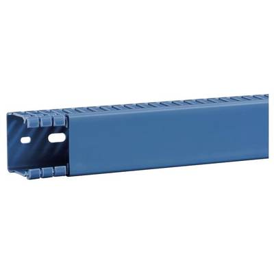 Een blauwe kabelgoot met zijdelingse sleuven en twee bevestigingsgaten, voor een nette geleiding van kabels in elektrische installaties.