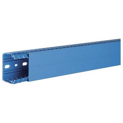Blauwe metalen kabelgoot met zijdelingse perforaties, gebruikt voor kabelbeheer of installaties.