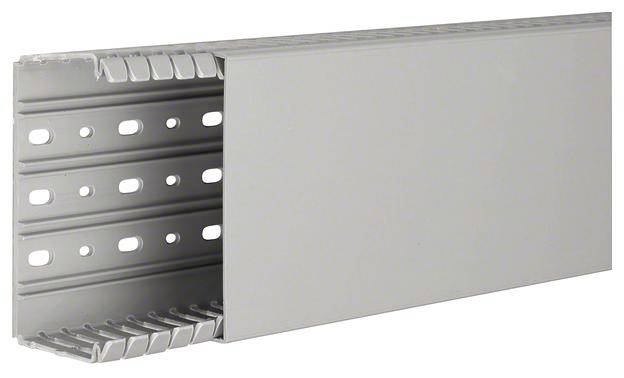 Een grijze metalen kabelgoot met verschillende ovale openingen aan de zijkant. Geschikt voor nette geleiding en verberging van kabels.