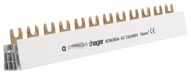 Een fasegeleider met koperen contacten, gemerkt met 'hager' en specificaties 'KDN280A AC 230/400V 16mm²', voor elektrische distributie.