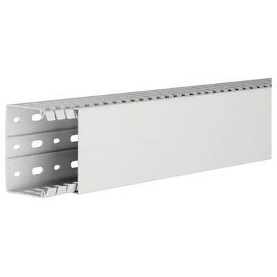 Een grijze kabelgoot met rechthoekige doorsnede en zijdelingse sleuven. Wordt gebruikt voor gestructureerde kabelgeleiding in technische installaties.