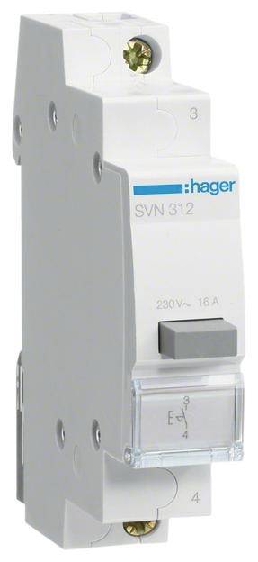 'Schütz SVN312' van Hager in grijs en wit. Het toont de elektrische specificaties: 230V~ en 16A. Bevat aansluitklemmen.