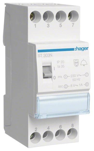 'Transformator ST 303N' van Hager toont ingangen en uitgangen voor 230V en 8V. Wordt gebruikt in elektrische installaties voor spanningsomzetting.