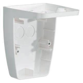 Witte wandbeugel voor een apparaat, met meerdere bevestigingsmogelijkheden en een plat bovenoppervlak.