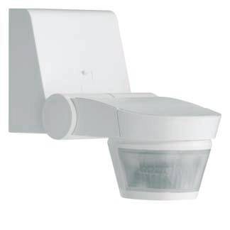 Witte bewegingsmelder met wandbevestiging, voor automatische verlichting in de buitenruimte.