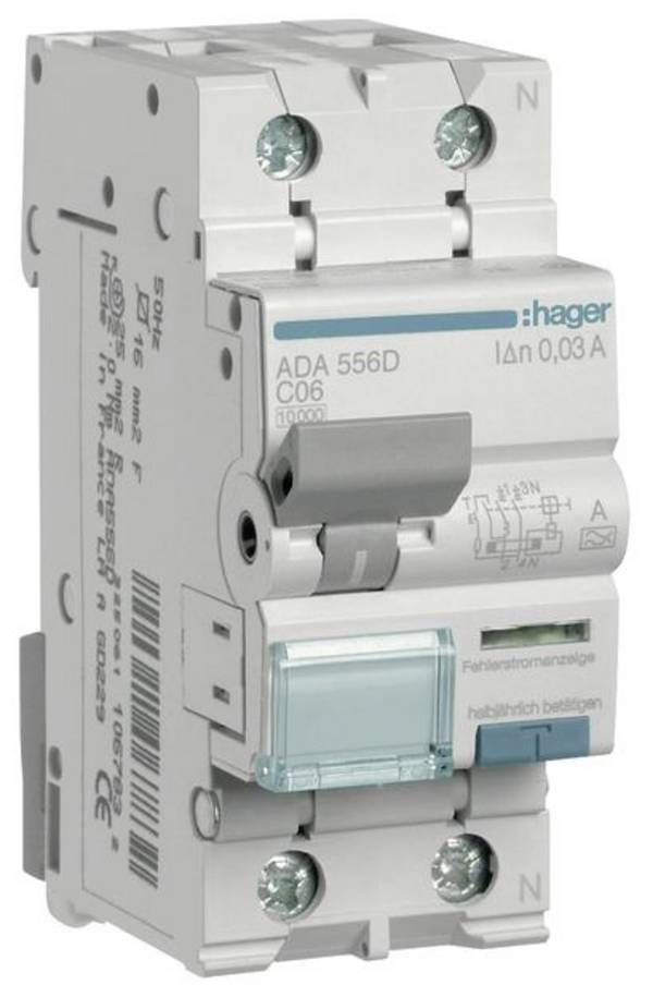 Hager ADA556D Aardlekschakelaar/zekeringautomaat 2-polig 6 A 0.03 A 240 V