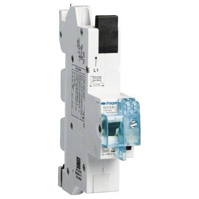 Installatieautomaat, smal en wit, met blauwe schakelaar aan de voorkant, Hager-logo zichtbaar. Compact voor elektrische verdeelborden.