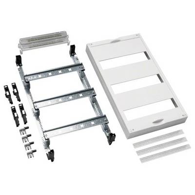 Inbouwset voor verdeler: metalen frame, afdekplaat met uitsparingen, beugels en bevestigingsmaterialen.