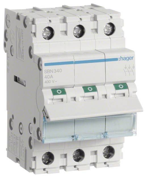 Een witte driepolige vermogensschakelaar van het merk Hager met een blauw logo en opschrift 'SBN340', voor 40 ampère, 400 volt.