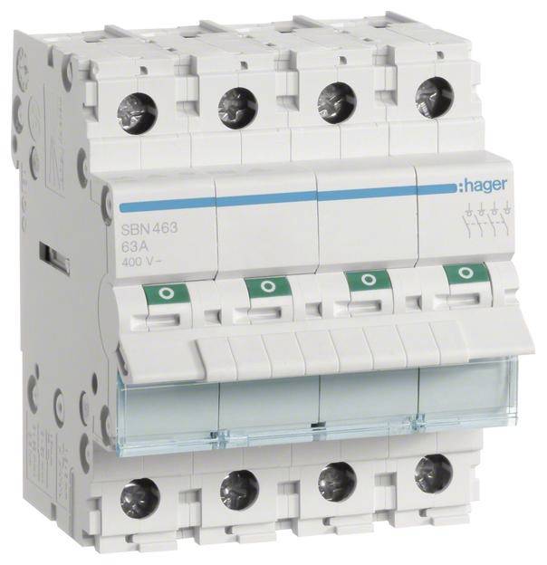 'Een driepolige installatieautomaat van het merk Hager, geschikt voor 63A stroomsterkte en 400V spanning, weergegeven van opzij.'