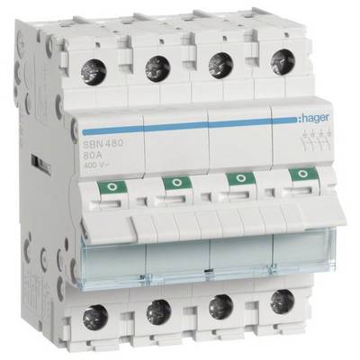 Een vierpolige elektrische vermogenschakelaar van het merk Hager, model SBN 480, voor 80A en 400V, met groene tuimelschakelaars.