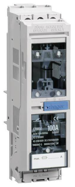 Een elektrische vermogensschakelaar van Hager voor 100 ampère. Toont schakelmechanismen en technische details aan de voorzijde.