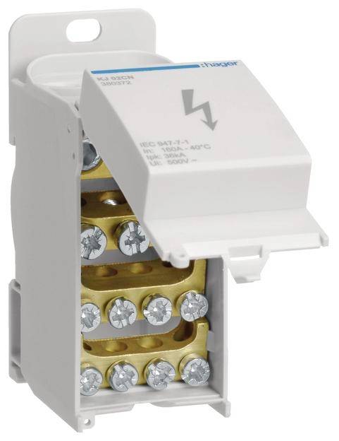 Een open zekeringkast met zichtbaar gerangschikte schroeven en een elektrische waarschuwingsmarkering op het deksel.