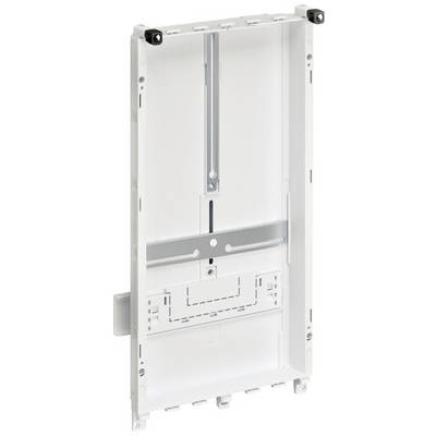 Een witte, lege kunststof verdeelkast met rails en bevestigingsmogelijkheden voor elektrische componenten.