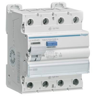Een viervoudige aardlekschakelaar van Hager met de aanduiding 'CDA684D 100 A/0,03 A'. Geschikt voor de bescherming van elektrische installaties.