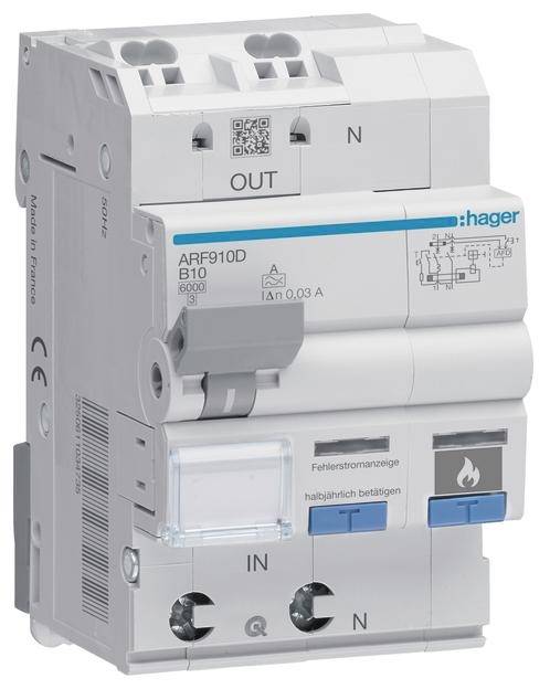 Een Hager FI-veiligheidsschakelaar ARF910D met een blauwe hendel en een grijze behuizing. Hij heeft een nominale foutstroom van 0,03 A en is ontworpen voor 10 A.