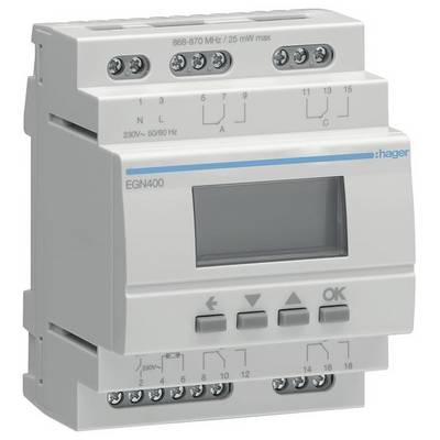 Een grijze elektronische apparaat met display en meerdere knoppen, gemarkeerd met 'Hager' en technische specificaties.