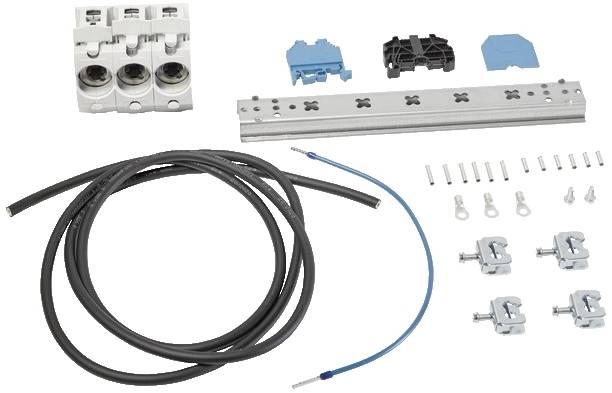 Elektrische installatiekit met kabels, metalen rails, klemmen en toebehoren. Ideaal voor toepassingsvoorbeelden bij montage.