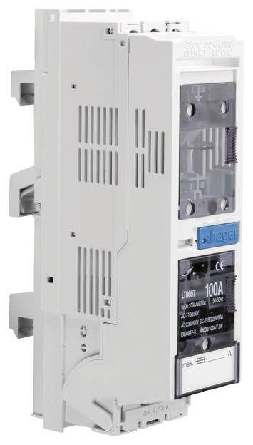 Een witte elektrische vermogensschakelaar met een blauw 'hager'-logo, ontworpen voor 100 ampère.