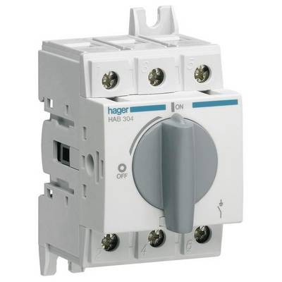 Een witte elektrische schakelaar van Hager, model HAB 304, met een grijze draaiknop. Markeringen voor 'AAN' en 'UIT' zijn zichtbaar.