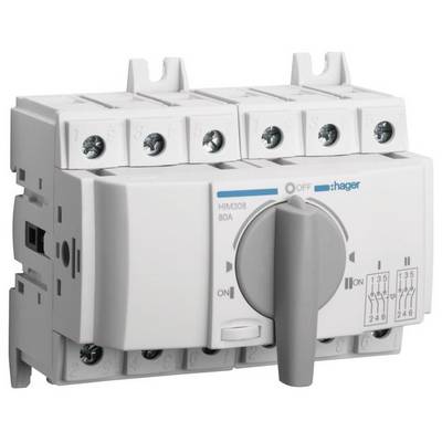'Elektrische schakelaar van het merk Hager met een grote draaiknop. Gemarkeerd met AAN en UIT. Geschikt voor 80A en verschillende aansluitingen.'