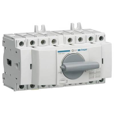 Een driepolige lastscheidingsschakelaar van Hager met een grijze draaigreep die schakelt tussen 'AAN' en 'UIT', bedoeld voor het besturen van elektrische circuits.