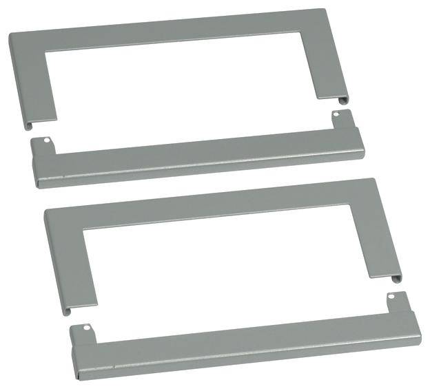Twee rechthoekige, grijze metalen frames met afgeronde hoeken, naast elkaar geplaatst op een witte achtergrond.