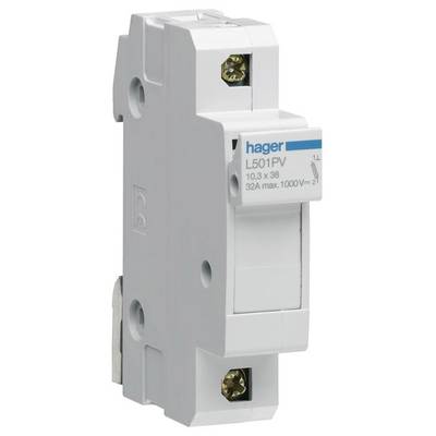 Een unipolaire zekeringhouder van Hager met de aanduiding 'L501PV', geschikt voor 32A, 1000V, in het formaat 10,3 x 38 mm.