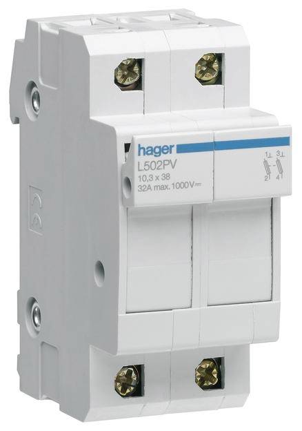 Een tweepolige zekeringautomaat van Hager, model L502PV, ontworpen voor 32A en 1000V.