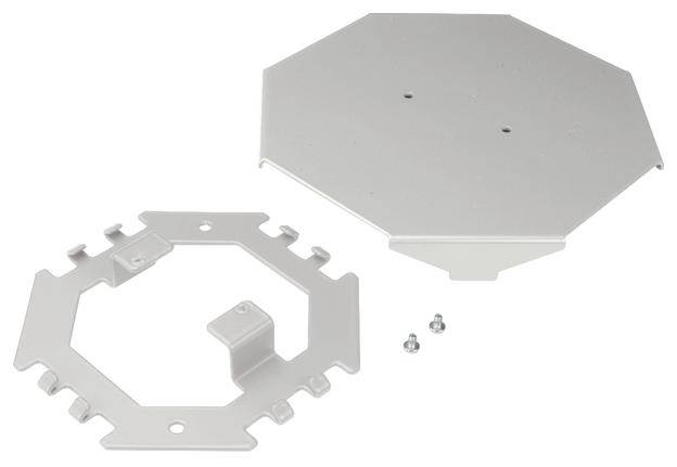 Twee metalen onderdelen, één achthoekig en één zeshoekig, naast drie schroeven. Componenten voor technische toepassingen.