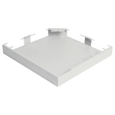 Een wit, vierkant metalen bakje met verhoogde rand en metalen klemmen op de hoeken, mogelijk bedoeld voor montagedoeleinden.