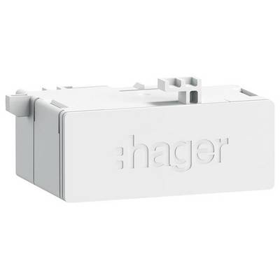 Een rechthoekige, witte behuizing met de ingedrukte tekst 'hager' aan de zijkant. Het is bedoeld voor elektrische installaties.
