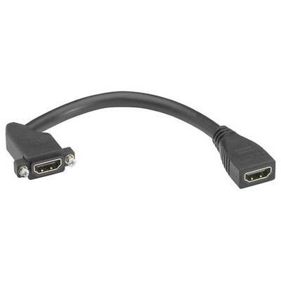 Een zwart HDMI-verlengkabel met vrouwelijke aansluitingen aan beide uiteinden. Het kabel is kort en licht gebogen.