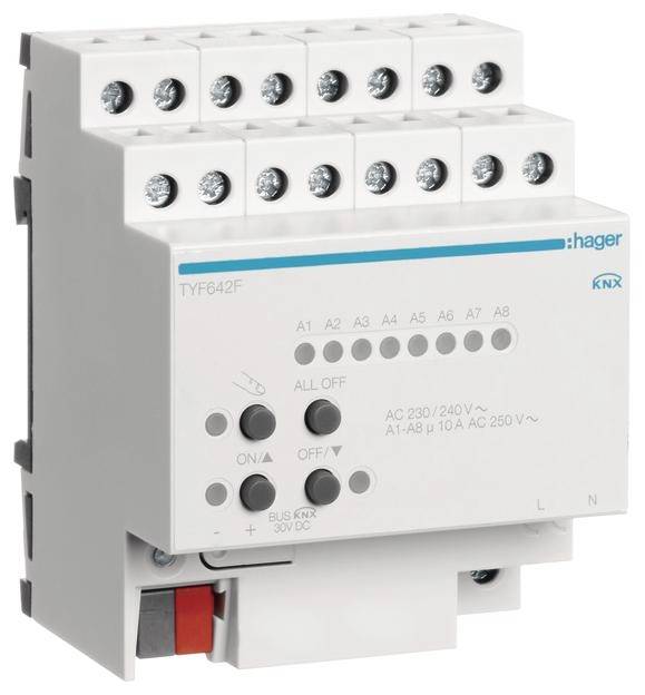 'Een KNX-schakelactor van Hager met meerdere aansluitingen en bedieningsknoppen, geschikt voor huisautomatiseringssystemen.'