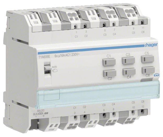 'Een KNX-schakelactor van Hager met zes kanalen en toetsen voor handmatige bediening. Gelabeld met 'TYA606E' en technische specificaties.'