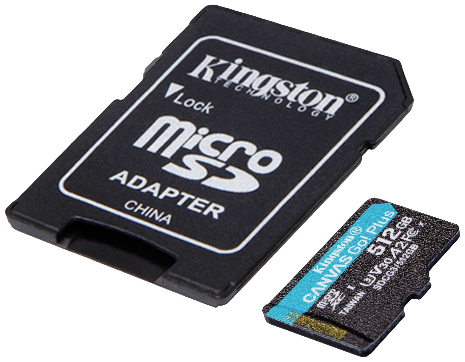 Een Kingston MicroSD-kaart naast een SD-adapter. De kaart heeft een capaciteit van 512 GB, geschikt voor UHS-I toepassingen.