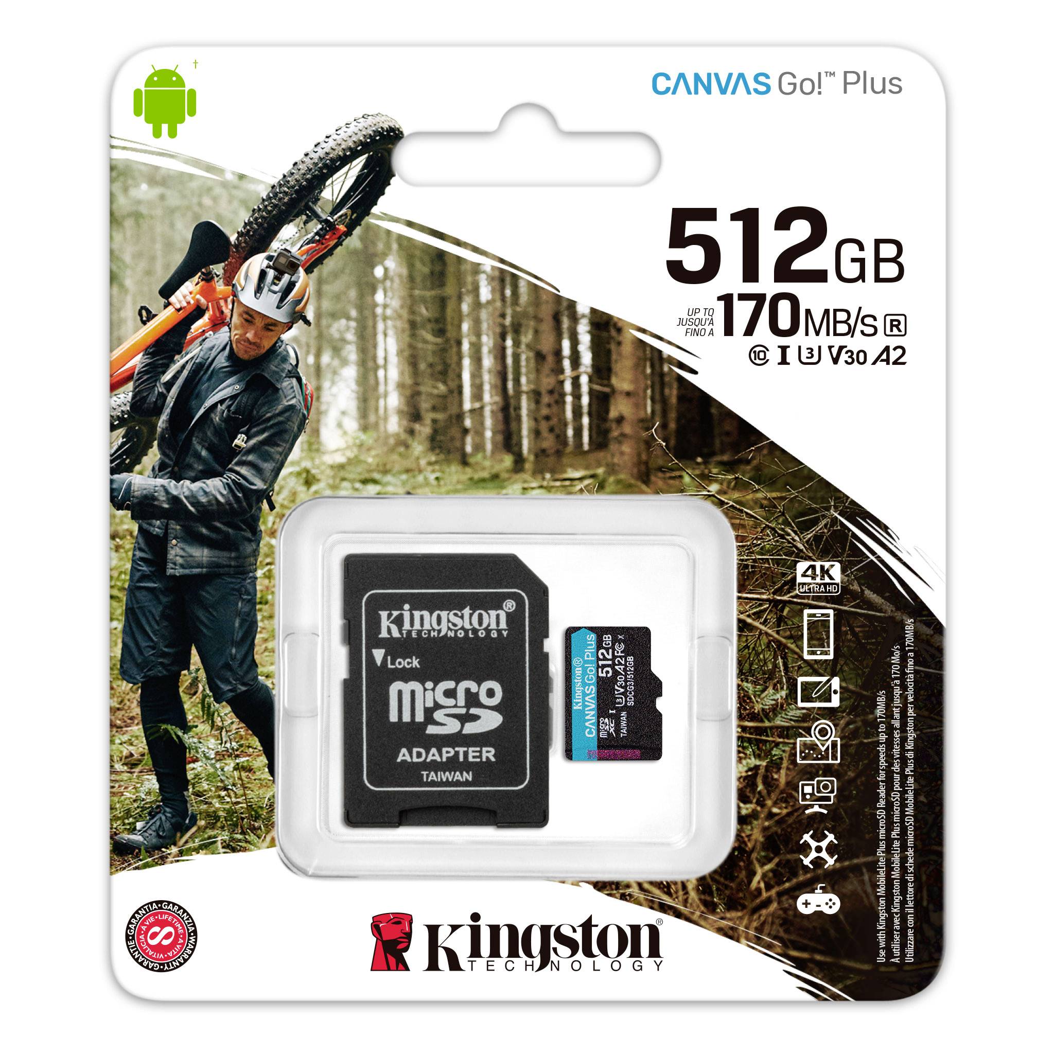 Verpakking van een Kingston Canvas Go! Plus microSD-kaart met 512 GB, snelheid 170 MB/s. Afgebeeld is een persoon met een fiets in het bos.