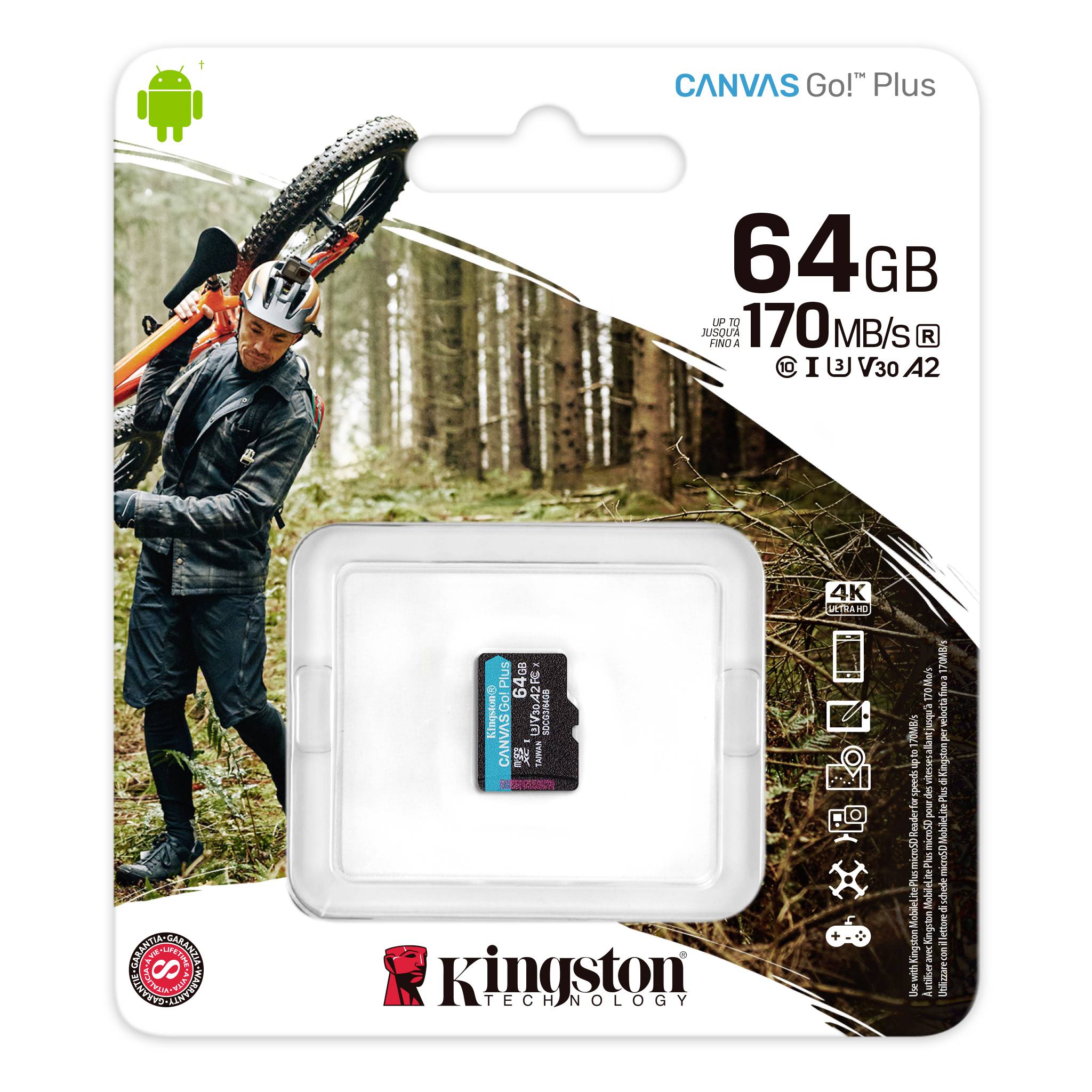 'Kingston Canvas Go! Plus' 64GB SD-kaart met 170MB/s leessnelheid, geschikt voor 4K-video-opnames, verpakking met fietser-afbeelding.